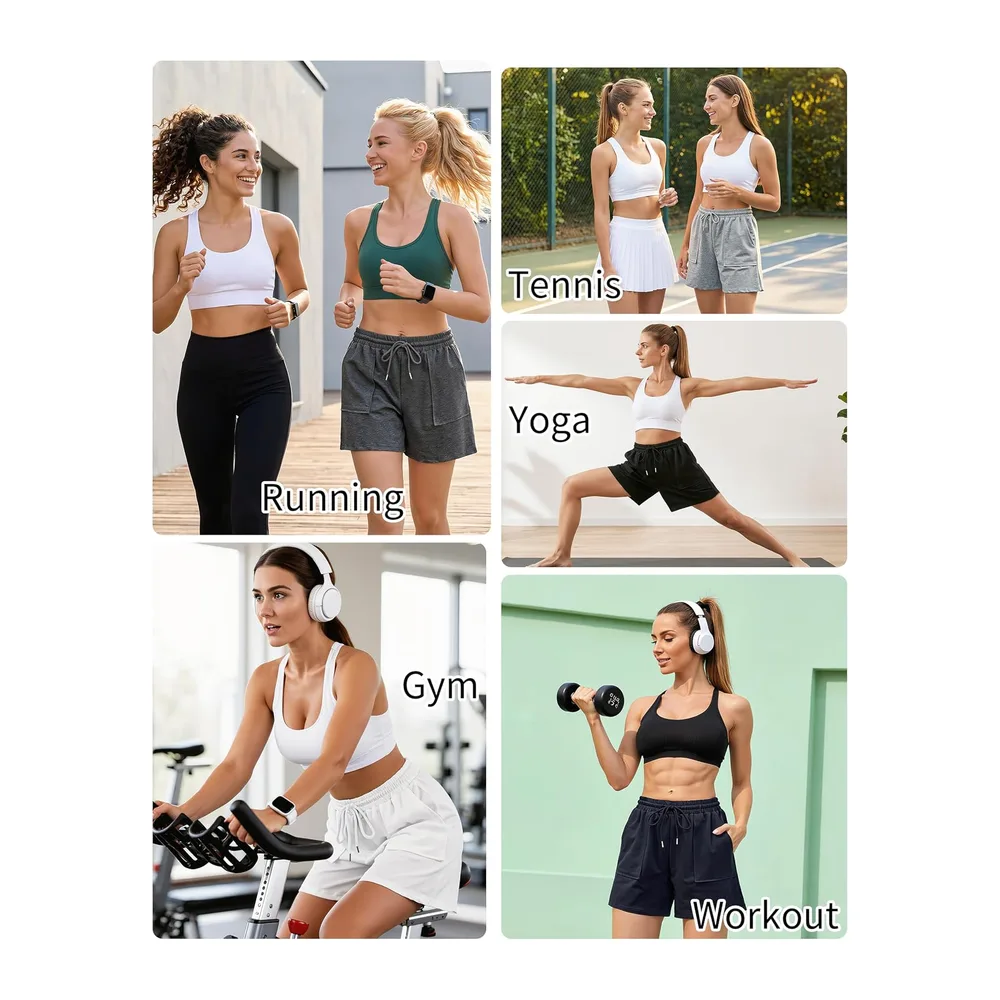 Short de Sport Été Short Coton Doux avec Poches et Cordon de Serrage Respirant — Blanc