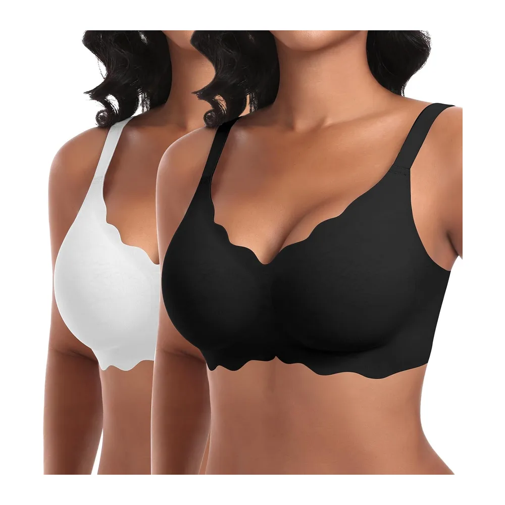 Soutien-Gorge sans Armature Sexy Col en V Brassiere avec Coussinets Bralette — Noir+blanc