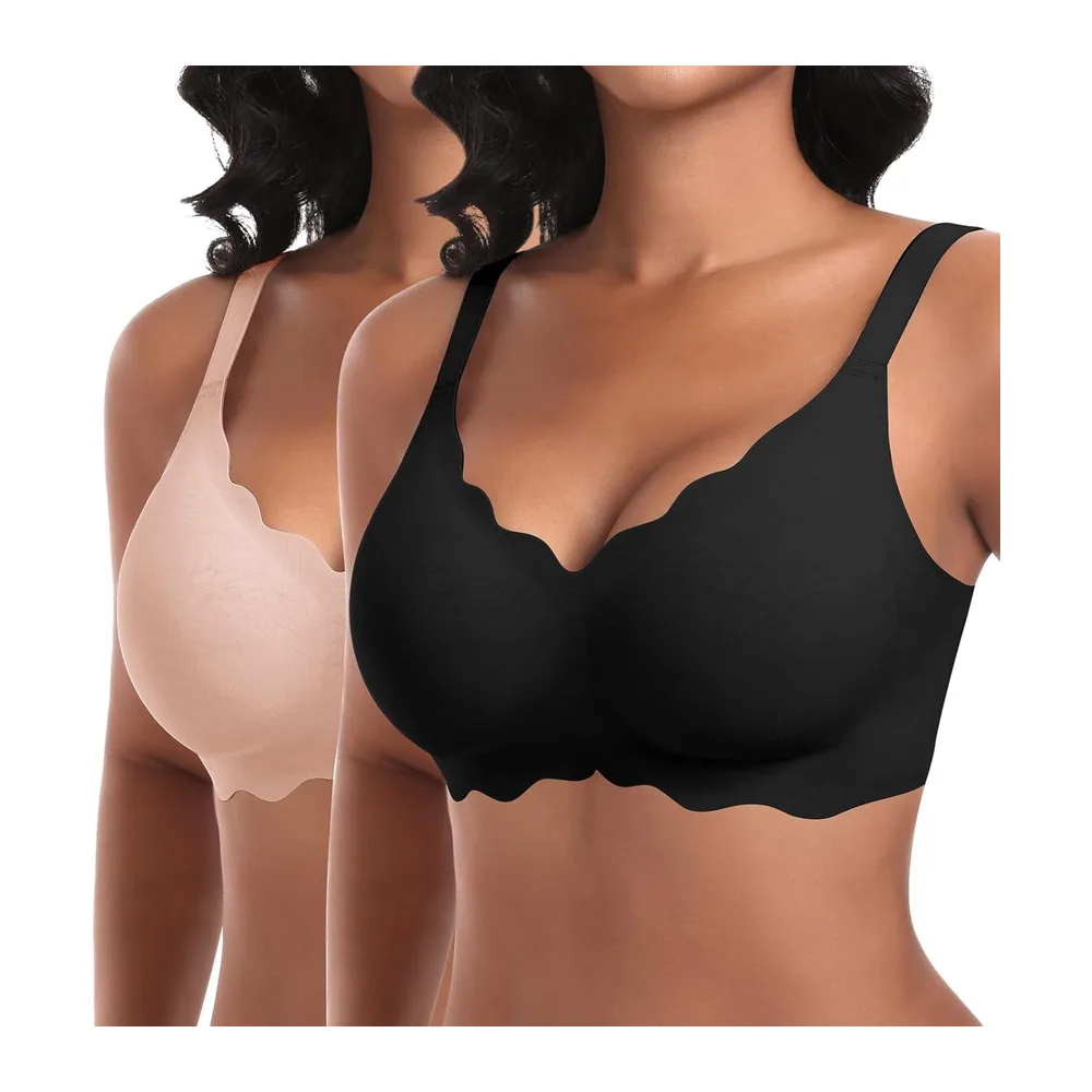 Soutien-Gorge sans Armature Sexy Col en V Brassiere avec Coussinets Bralette — Noir+rose