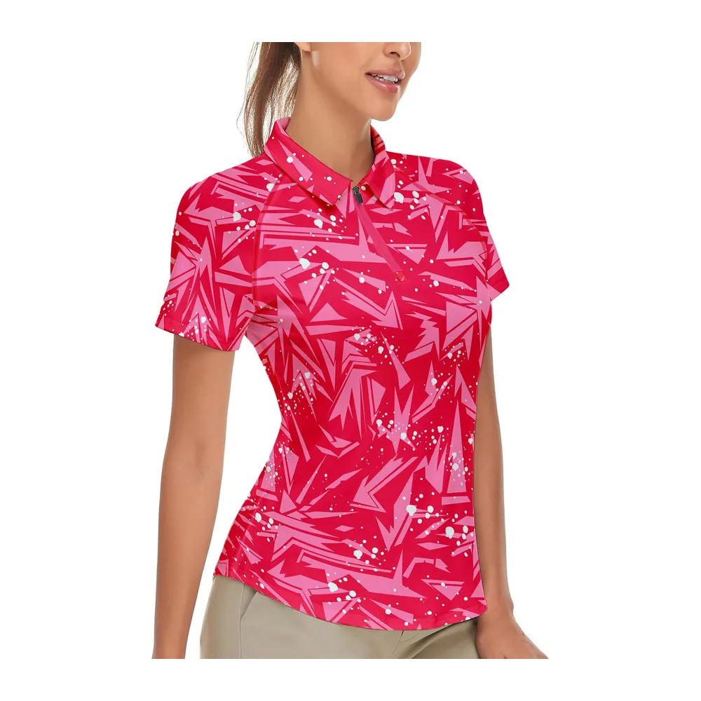 Polo Manches Courtes/sans Manches avec 1/4 Zipper d'été T Shirt Sport — Géométrie Rose