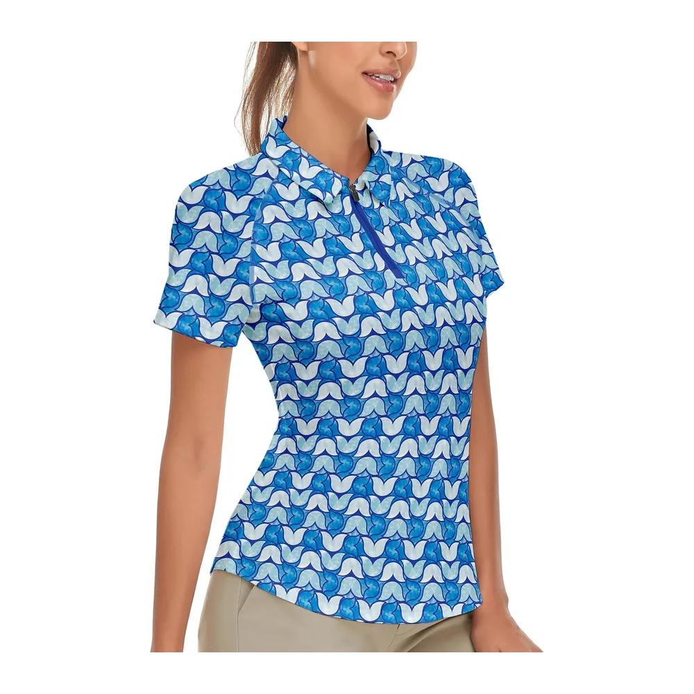 Polo Manches Courtes/sans Manches avec 1/4 Zipper d'été T Shirt Sport — Géométrie Bleue