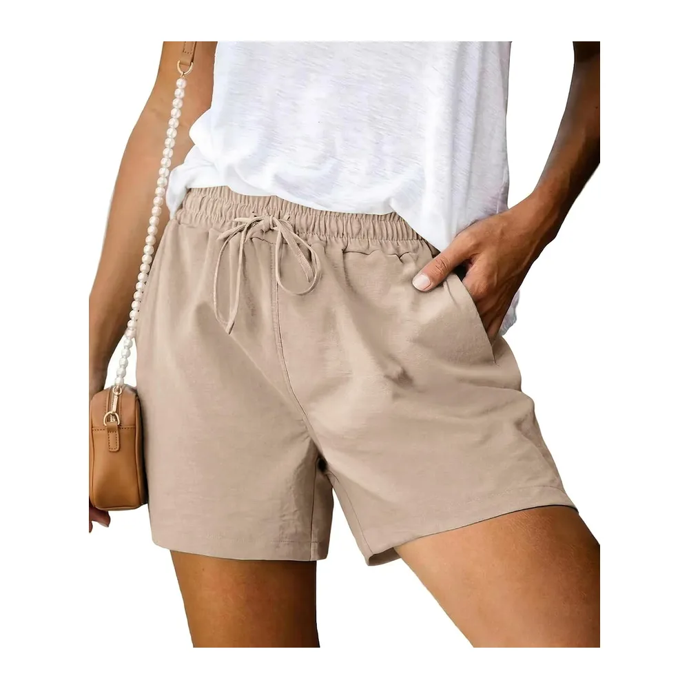 Short Été Taille Haute avec Poches et Cordon De Serrage Pantalon Court Coupe Ample — Kaki
