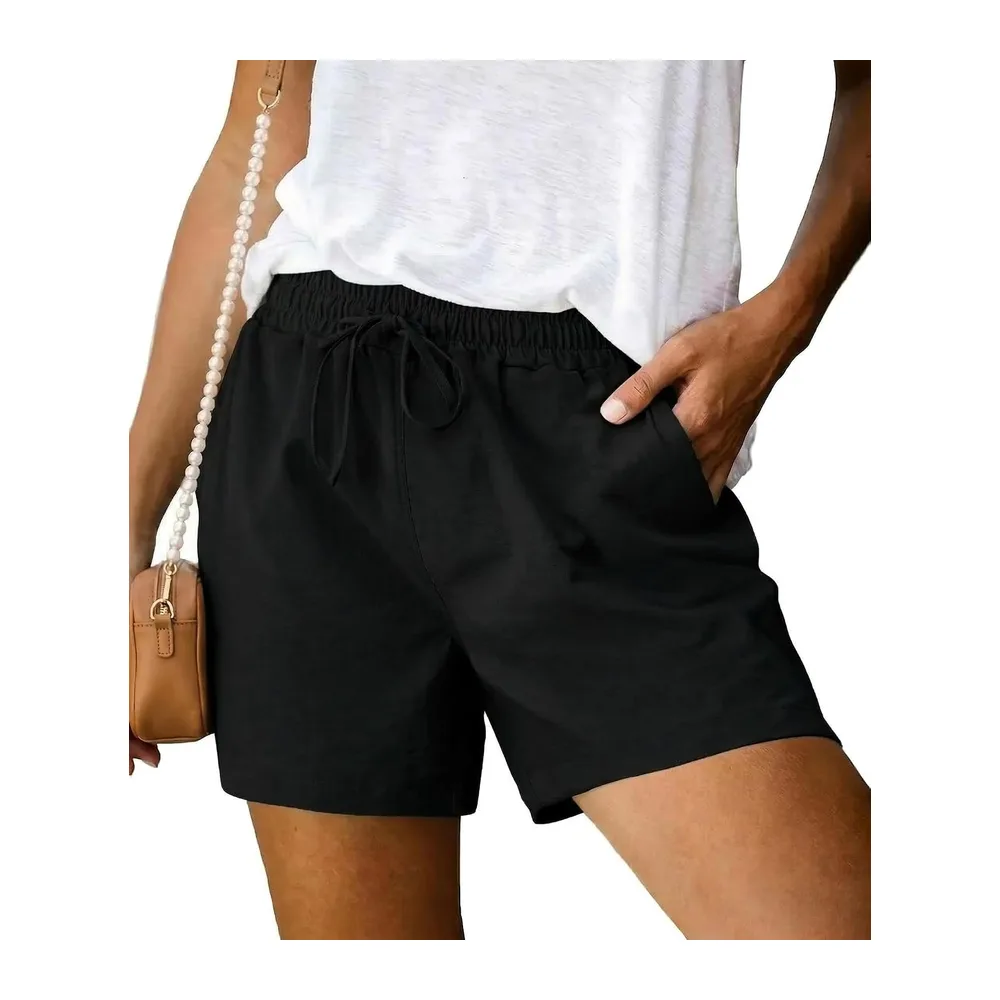 Short Été Taille Haute avec Poches et Cordon De Serrage Pantalon Court Coupe Ample — Noir