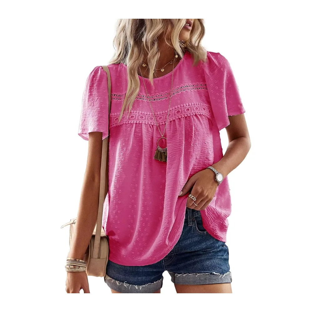 Chemisier Boho Blouse Manches Courtes Col Rond Tunique Fluide — Rose Vif