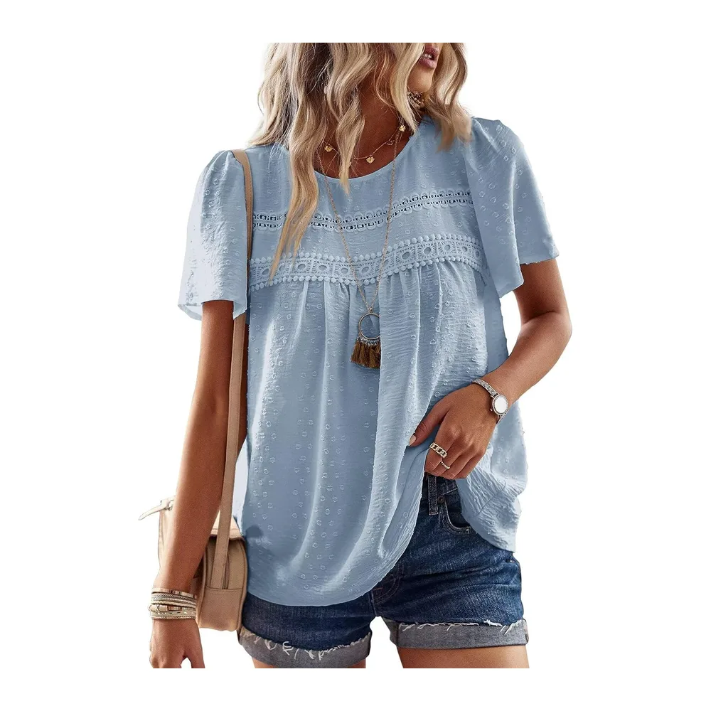Chemisier Boho Blouse Manches Courtes Col Rond Tunique Fluide — Bleu