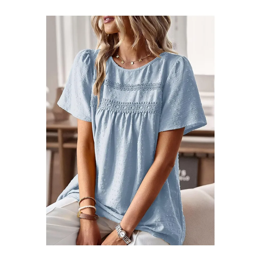 Chemisier Boho Blouse Manches Courtes Col Rond Tunique Fluide — Bleu