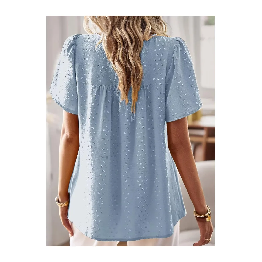 Chemisier Boho Blouse Manches Courtes Col Rond Tunique Fluide — Bleu