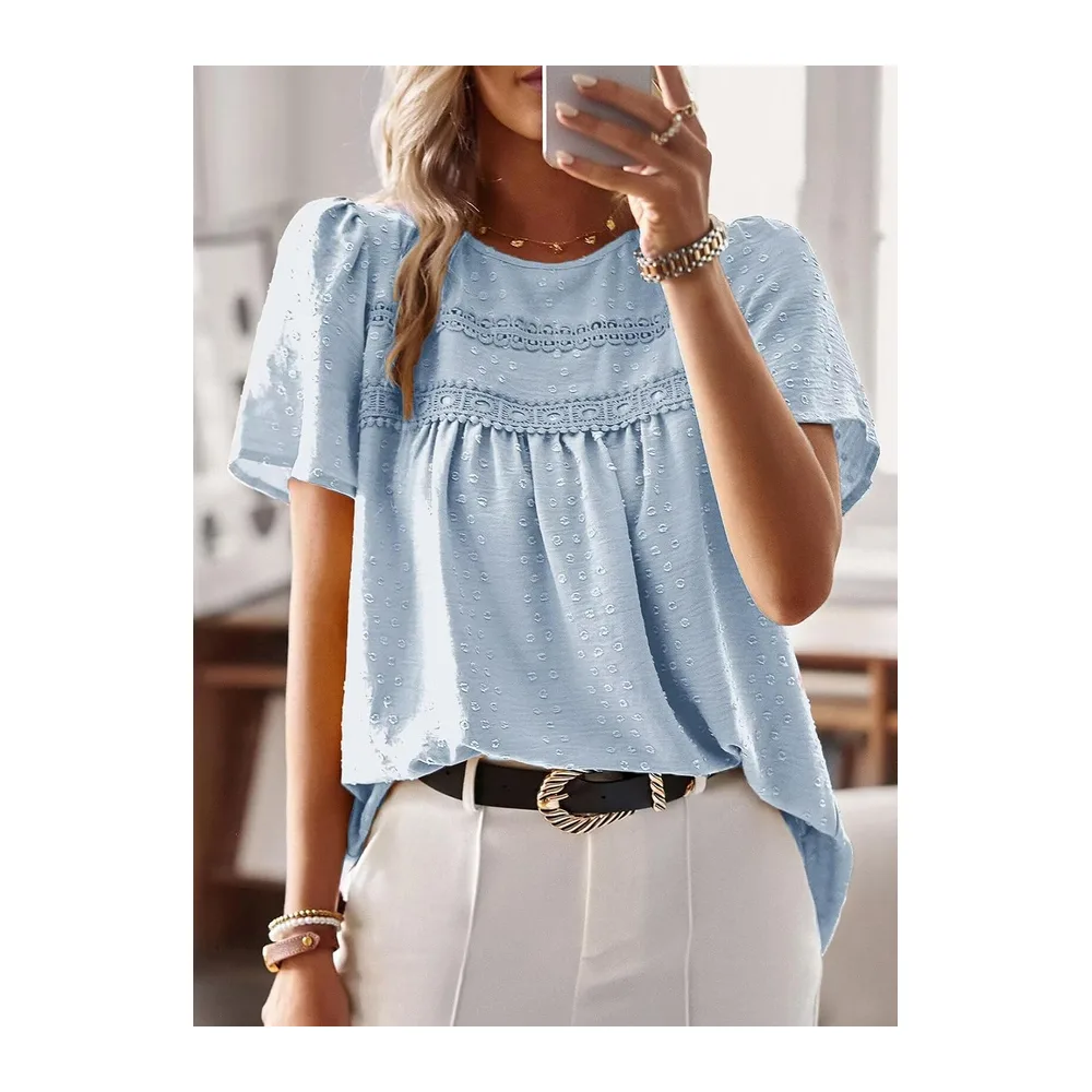 Chemisier Boho Blouse Manches Courtes Col Rond Tunique Fluide — Bleu