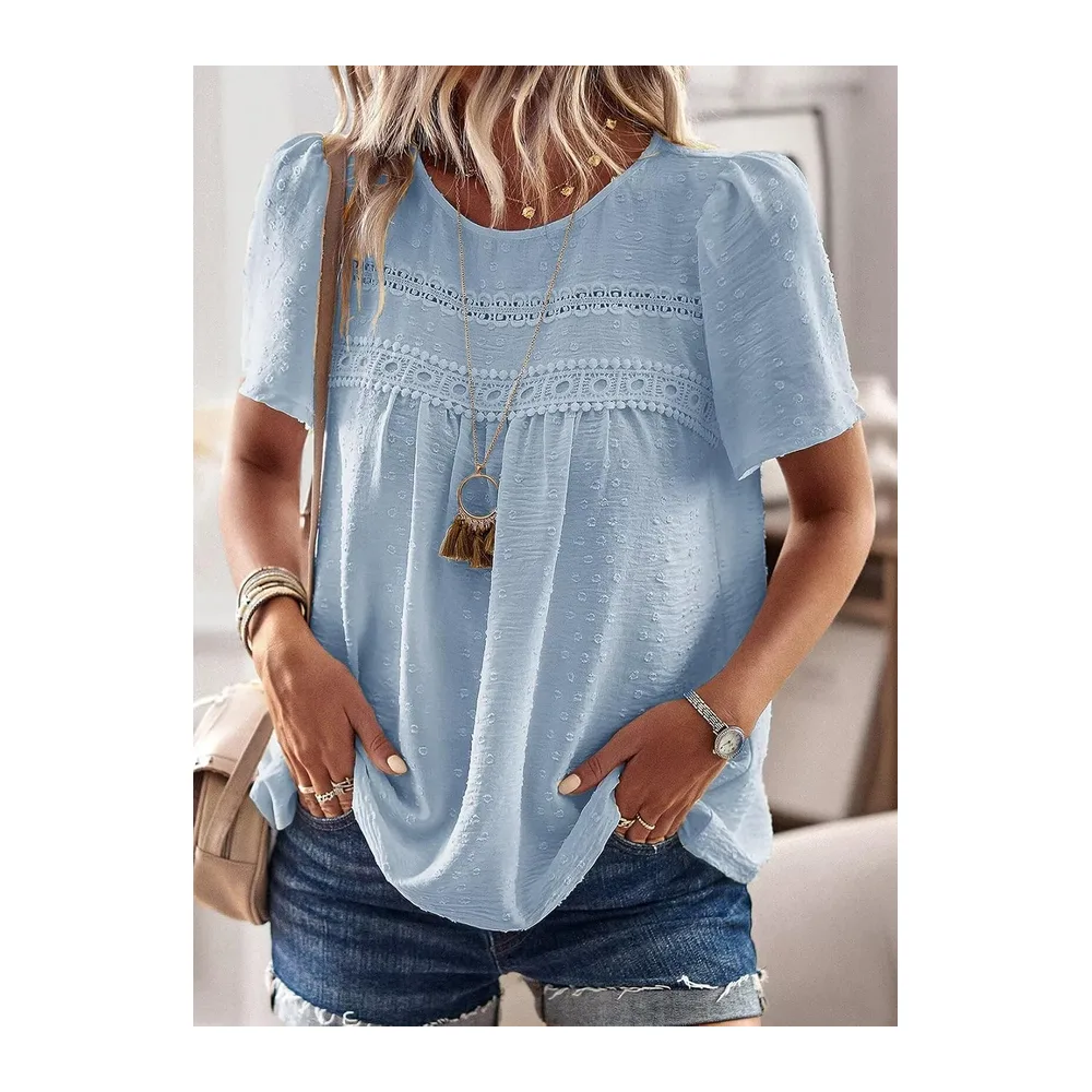 Chemisier Boho Blouse Manches Courtes Col Rond Tunique Fluide — Bleu