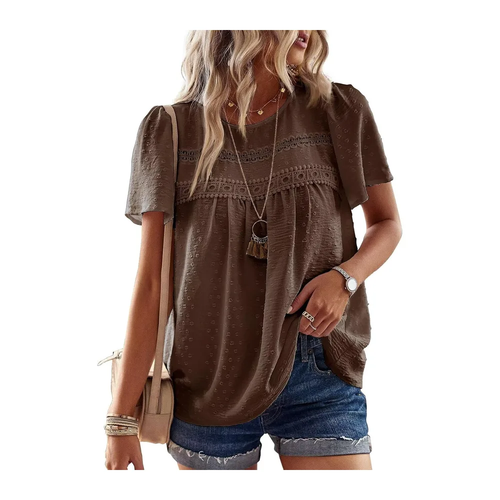Chemisier Boho Blouse Manches Courtes Col Rond Tunique Fluide — Marron