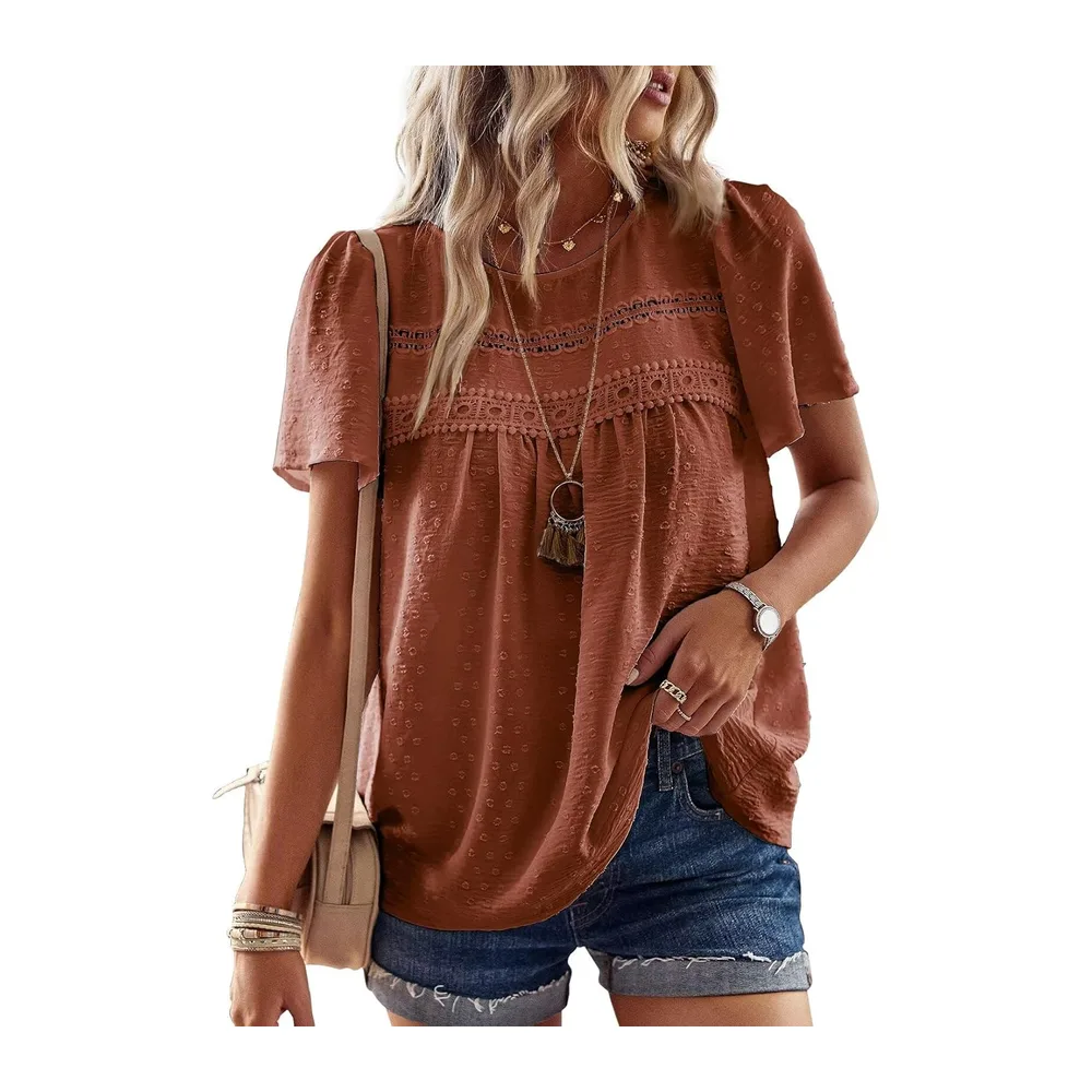 Chemisier Boho Blouse Manches Courtes Col Rond Tunique Fluide — Orange