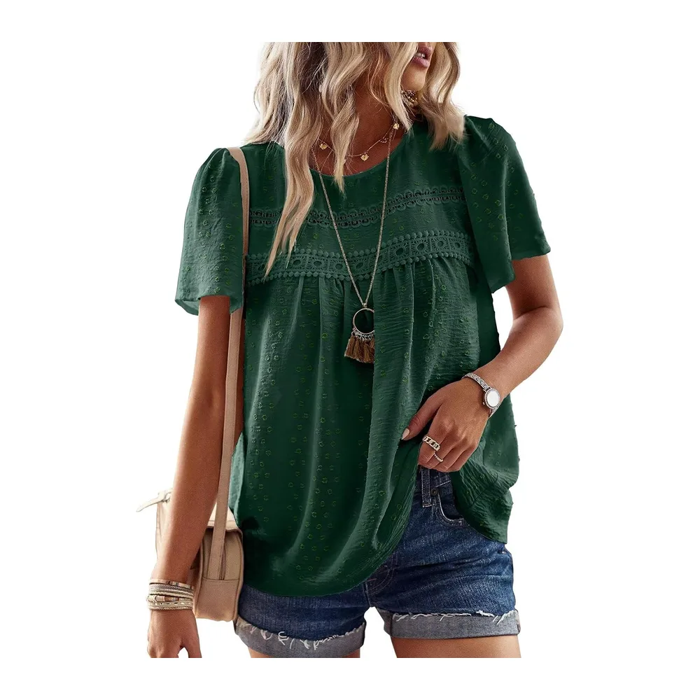 Chemisier Boho Blouse Manches Courtes Col Rond Tunique Fluide — Vert Foncé