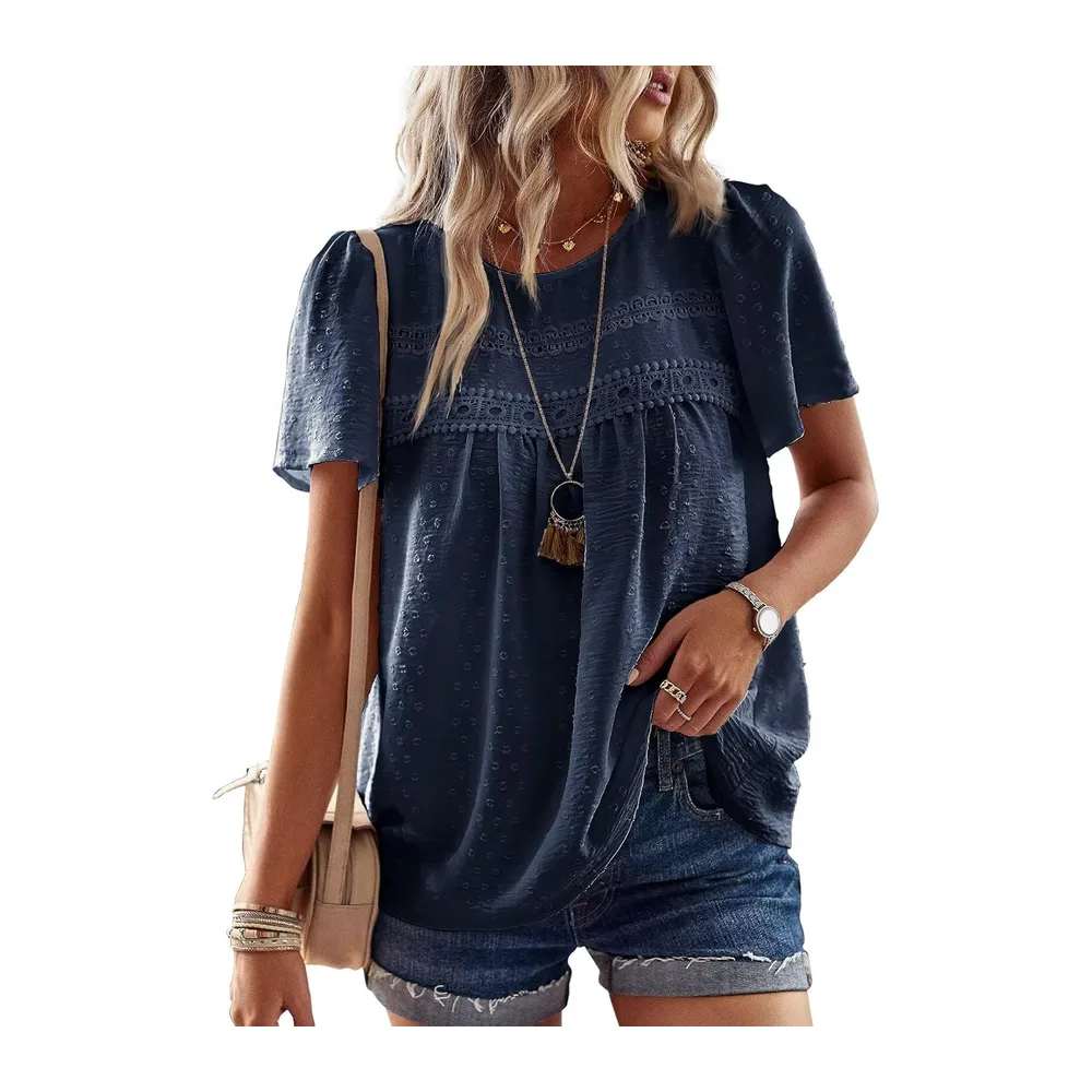 Chemisier Boho Blouse Manches Courtes Col Rond Tunique Fluide — Bleu Marine