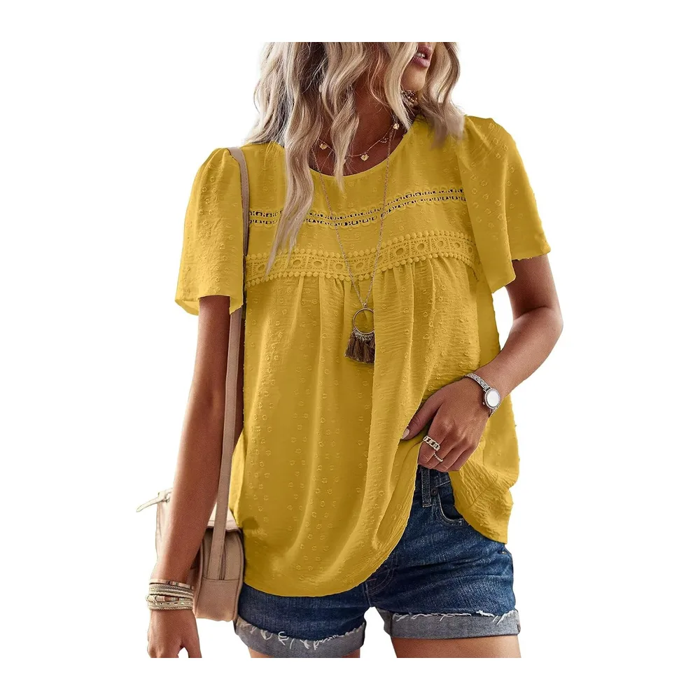 Chemisier Boho Blouse Manches Courtes Col Rond Tunique Fluide — Jaune