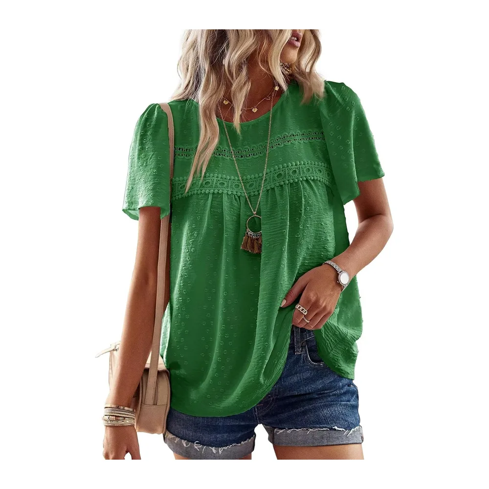 Chemisier Boho Blouse Manches Courtes Col Rond Tunique Fluide — Vert Kelly
