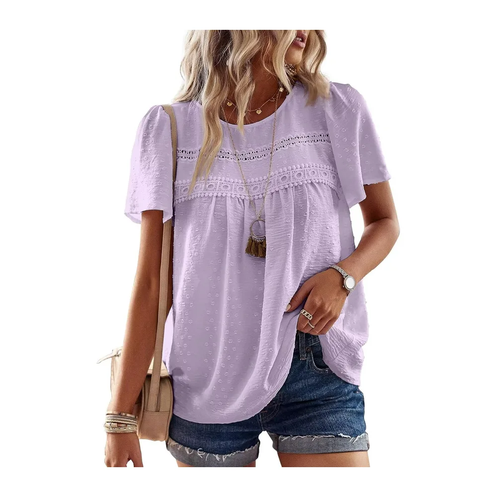 Chemisier Boho Blouse Manches Courtes Col Rond Tunique Fluide — Violet