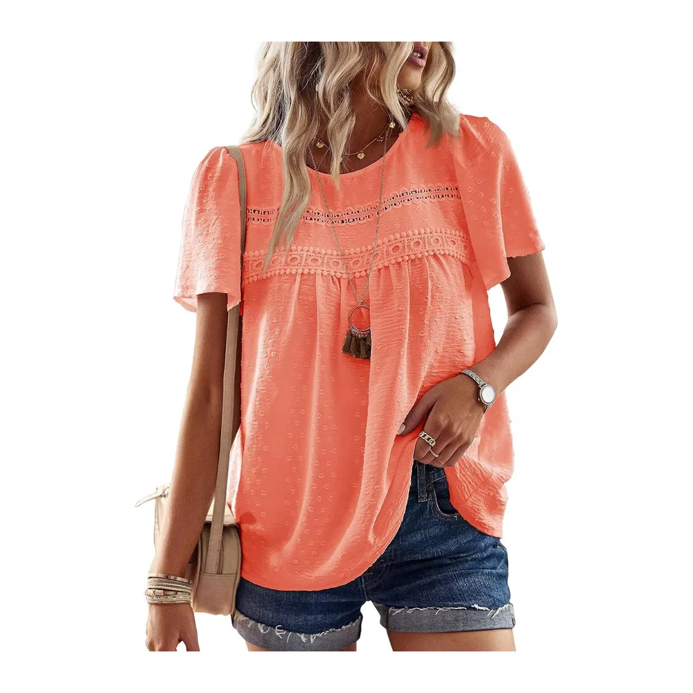 Chemisier Boho Blouse Manches Courtes Col Rond Tunique Fluide — Orange Vif