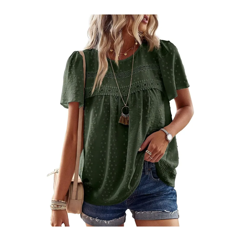 Chemisier Boho Blouse Manches Courtes Col Rond Tunique Fluide — Vert