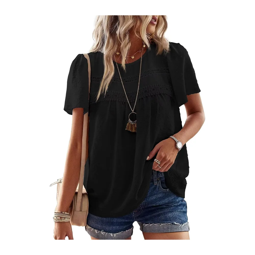 Chemisier Boho Blouse Manches Courtes Col Rond Tunique Fluide — Noir