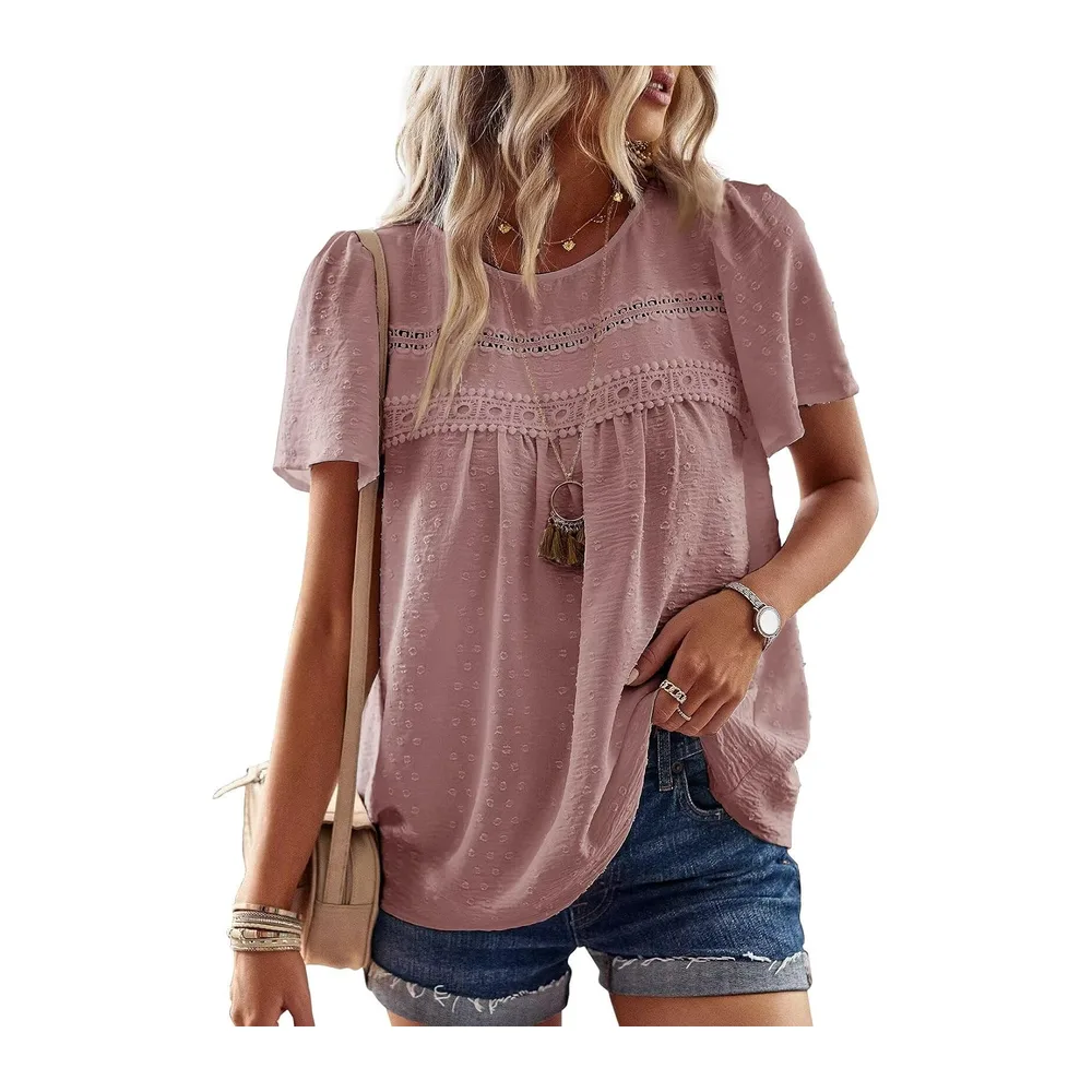 Chemisier Boho Blouse Manches Courtes Col Rond Tunique Fluide — Rose