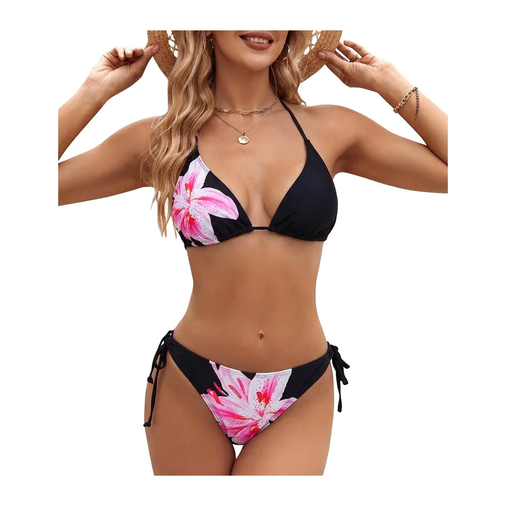 Maillot de Bain Halter Triangle Bikini Taille Basse — Noir + Fleurs
