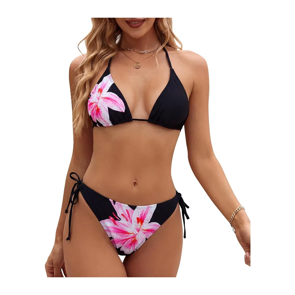 Maillot de Bain Halter Triangle Bikini Taille Basse — Noir + Fleurs