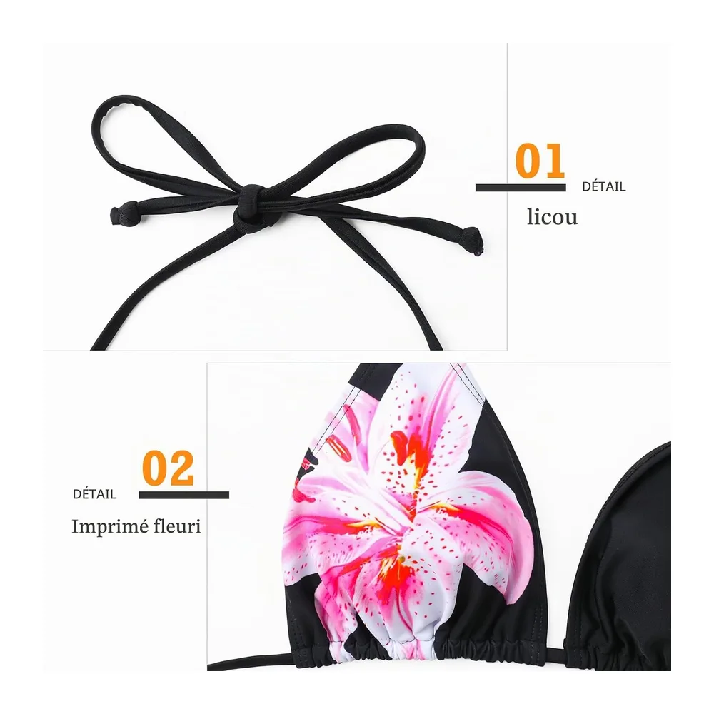 Maillot de Bain Halter Triangle Bikini Taille Basse — Noir + Fleurs