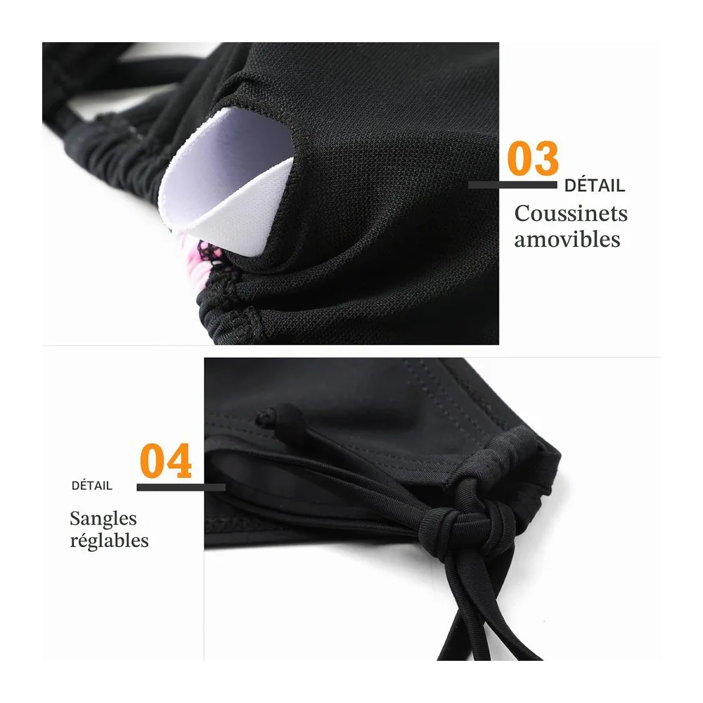 Maillot de Bain Halter Triangle Bikini Taille Basse — Noir + Fleurs