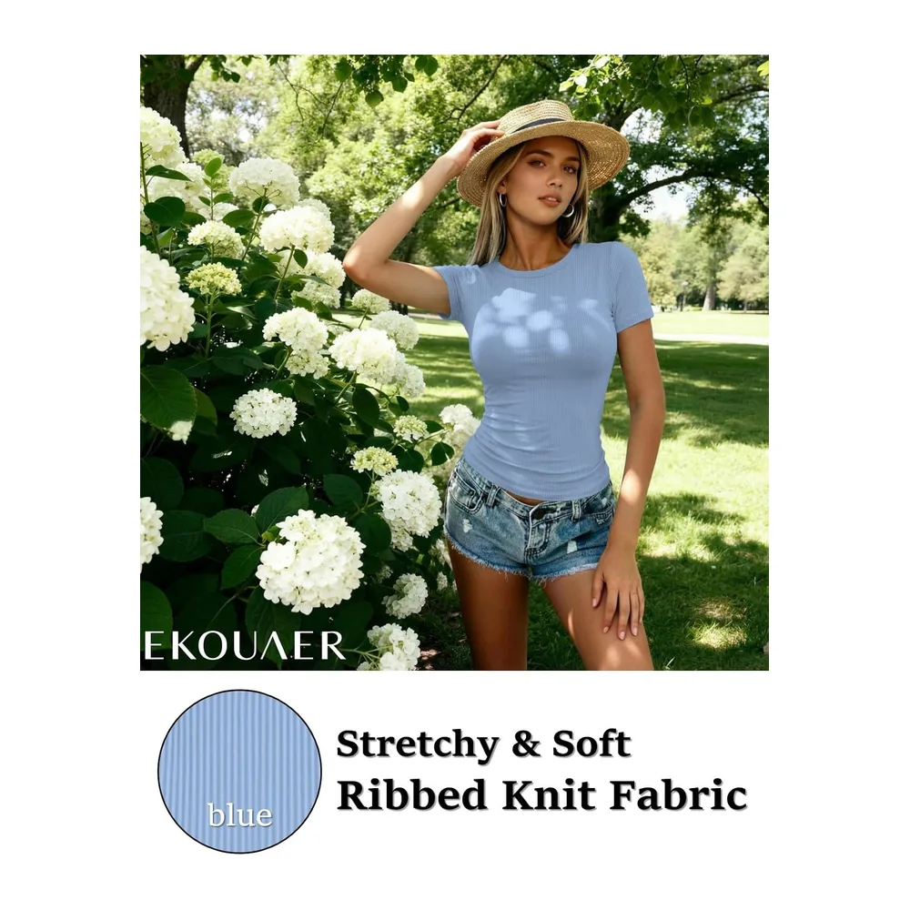 Pack of 1&3 Basic Ribbed Knit T-Shirts — Bleu + Vert + Rose