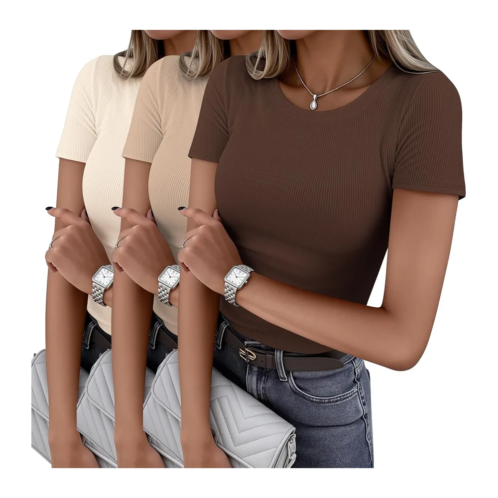 Pack of 1&3 Basic Ribbed Knit T-Shirts — Beige + Khaki +Marron