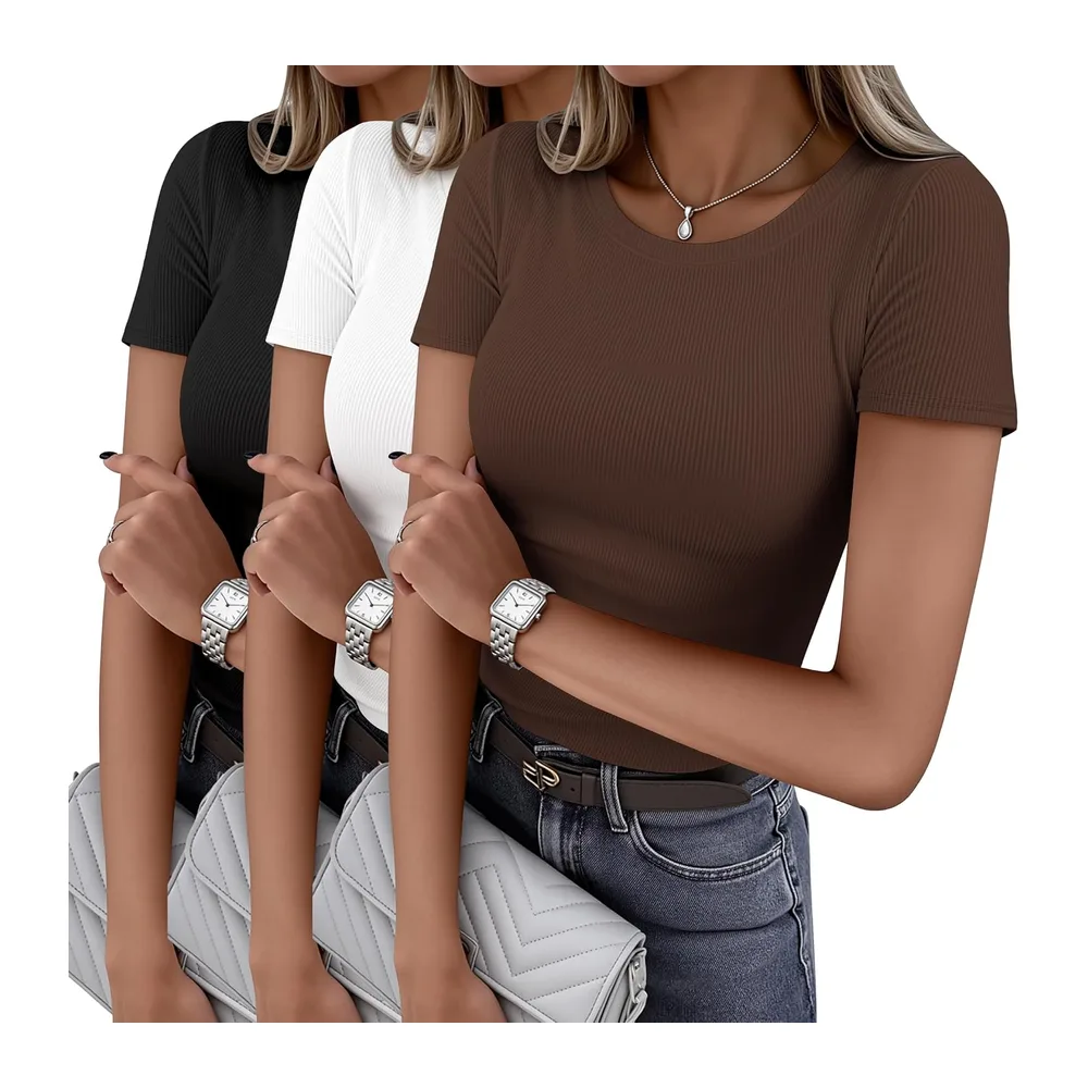 Pack of 1&3 Basic Ribbed Knit T-Shirts — Marron + Blanc +Noir