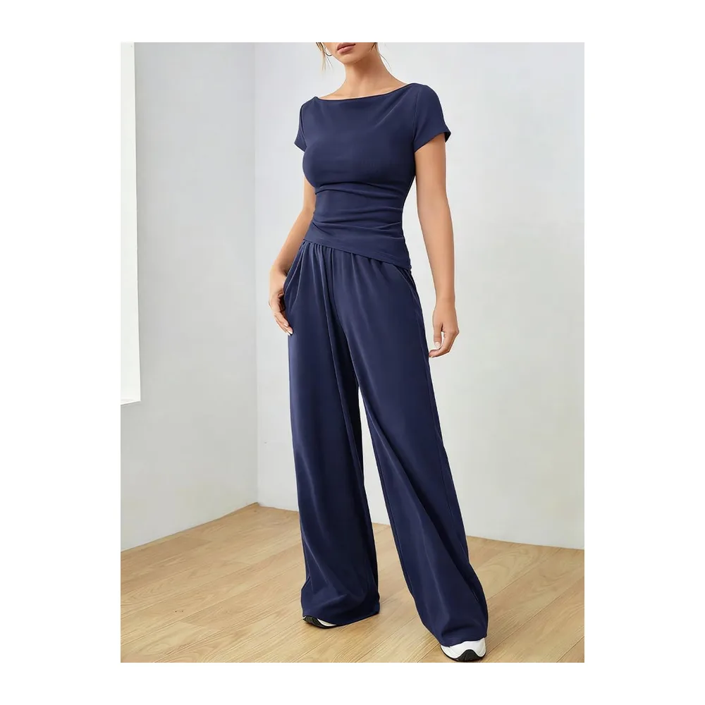 Set Trousers and Flowy Top Short Sleeve Top Pants with Pockets Two Piece — Bleu Marine