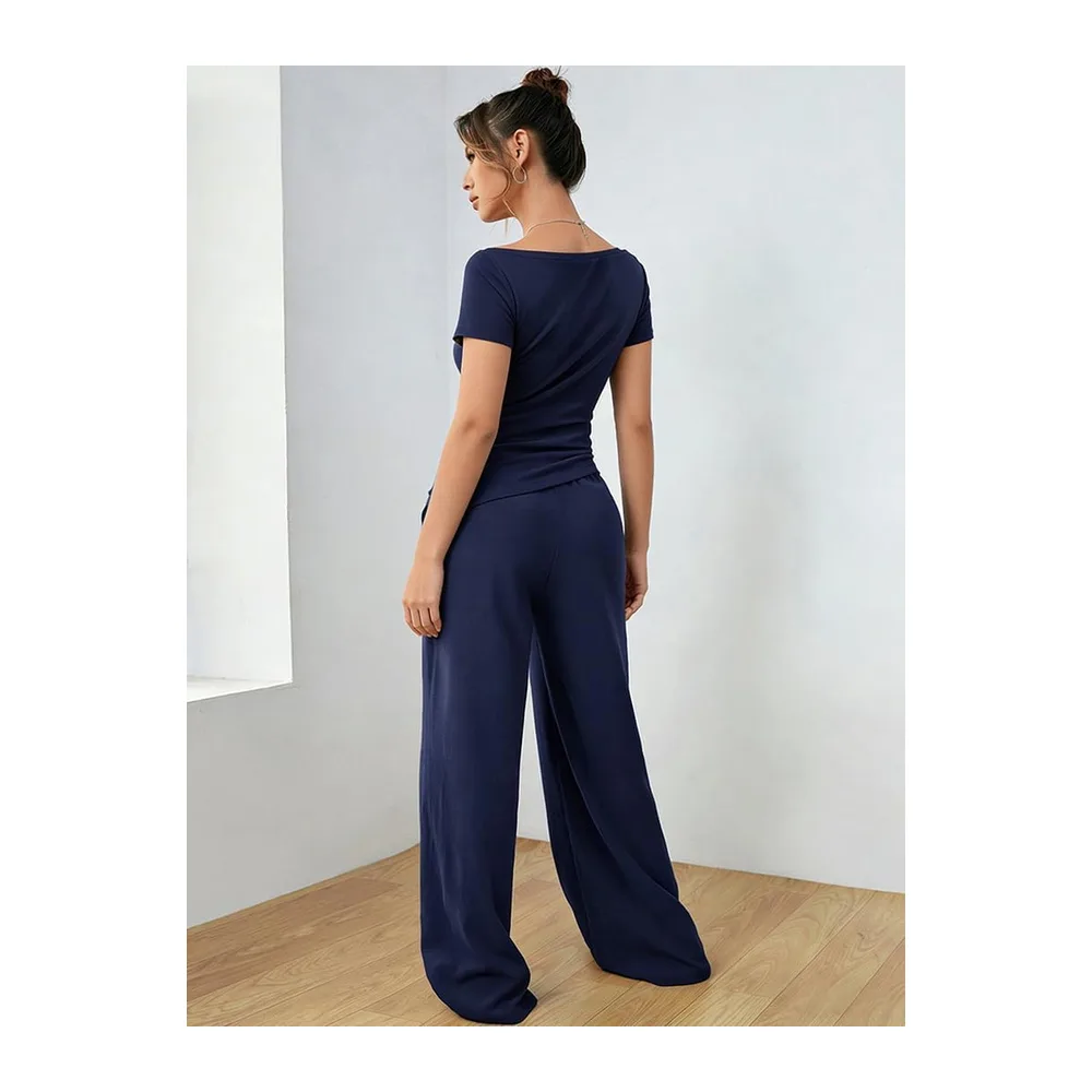 Set Trousers and Flowy Top Short Sleeve Top Pants with Pockets Two Piece — Bleu Marine