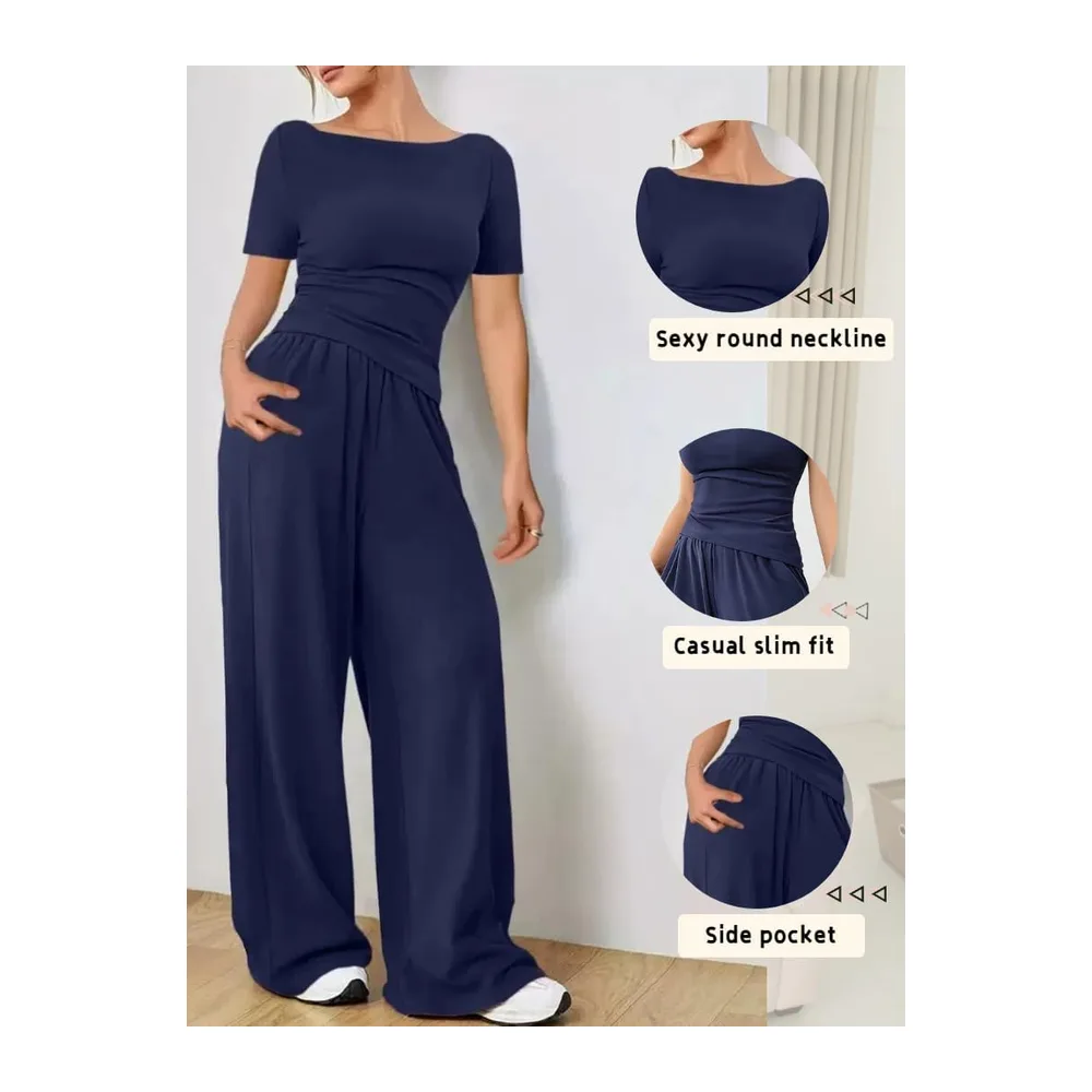 Set Trousers and Flowy Top Short Sleeve Top Pants with Pockets Two Piece — Bleu Marine