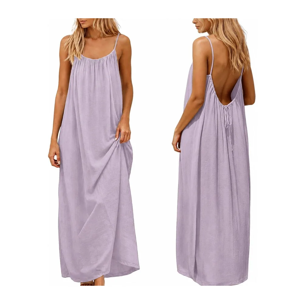 Robe caraco dos nu d'été 2026 sans manches, longue robe d'été décontractée, robe — Violet