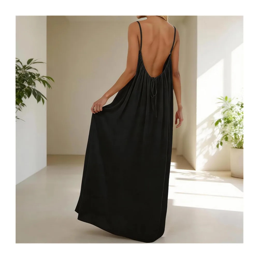 Robe caraco dos nu d'été 2026 sans manches, longue robe d'été décontractée, robe — Noir