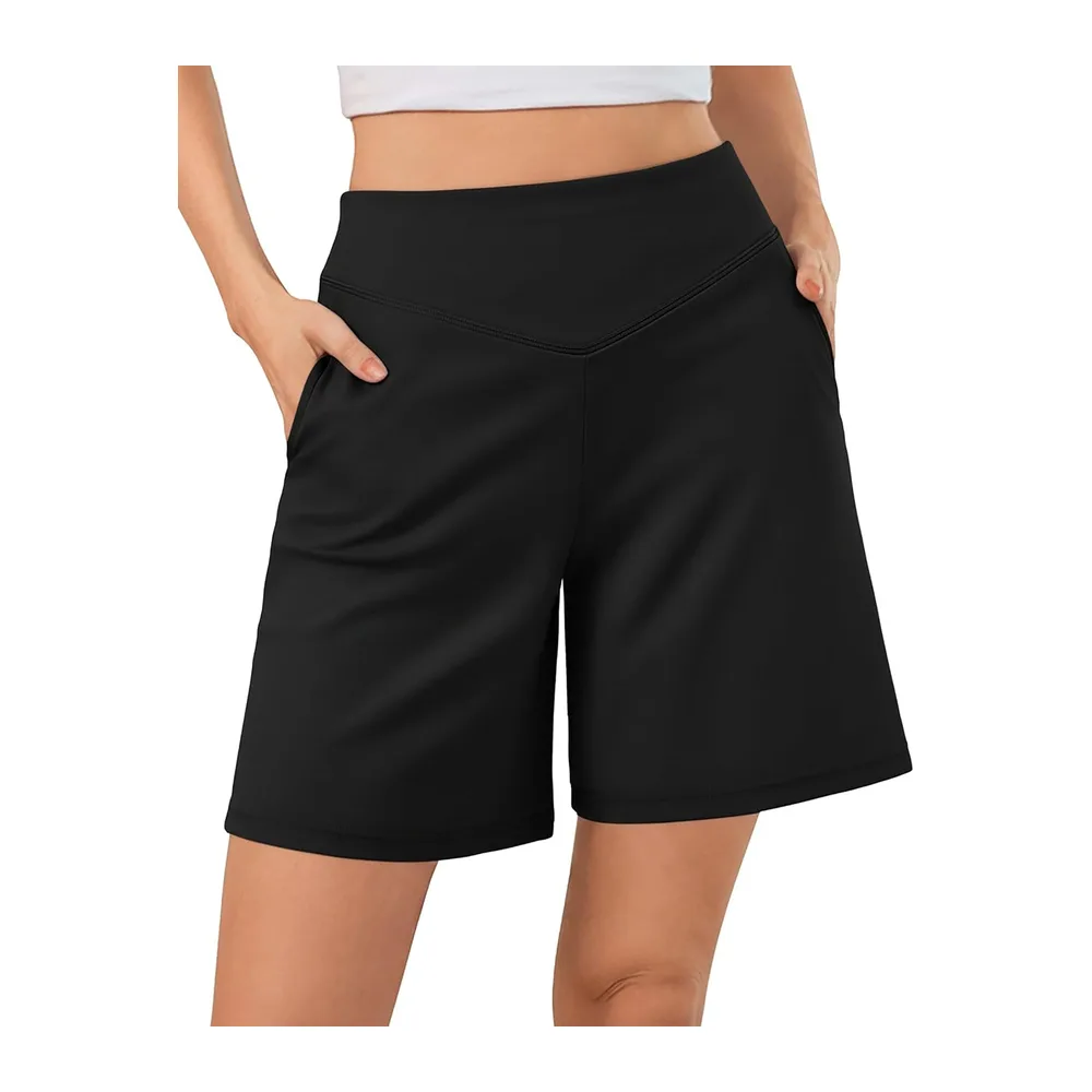 Short Sport Bermuda Taille Haute en V avec Poches Coupe Ample — Noir