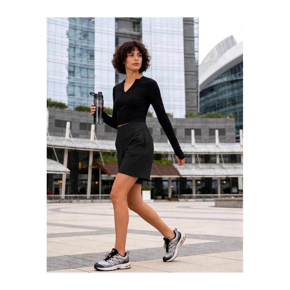 Short Sport Bermuda Taille Haute en V avec Poches Coupe Ample — Noir