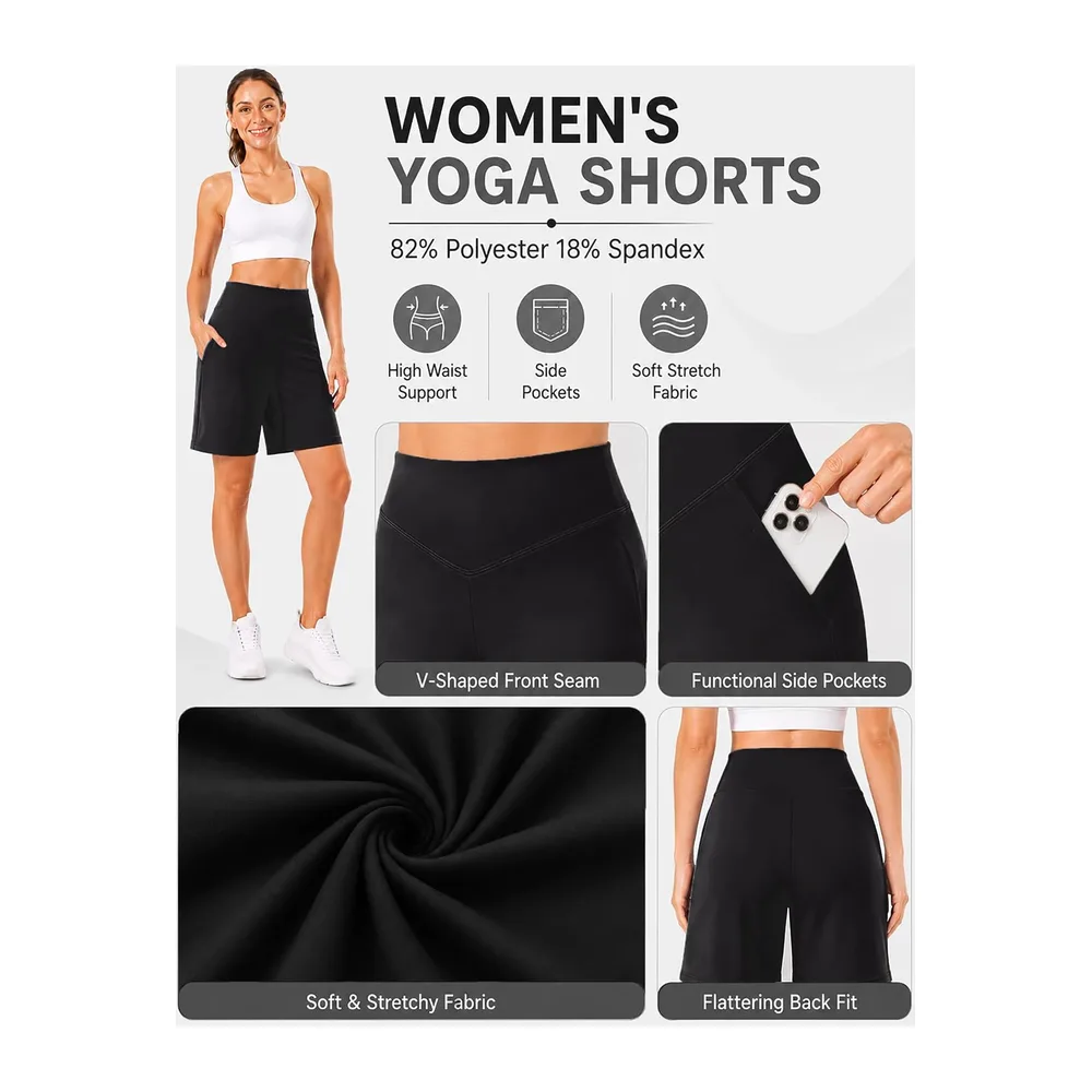 Short Sport Bermuda Taille Haute en V avec Poches Coupe Ample — Noir