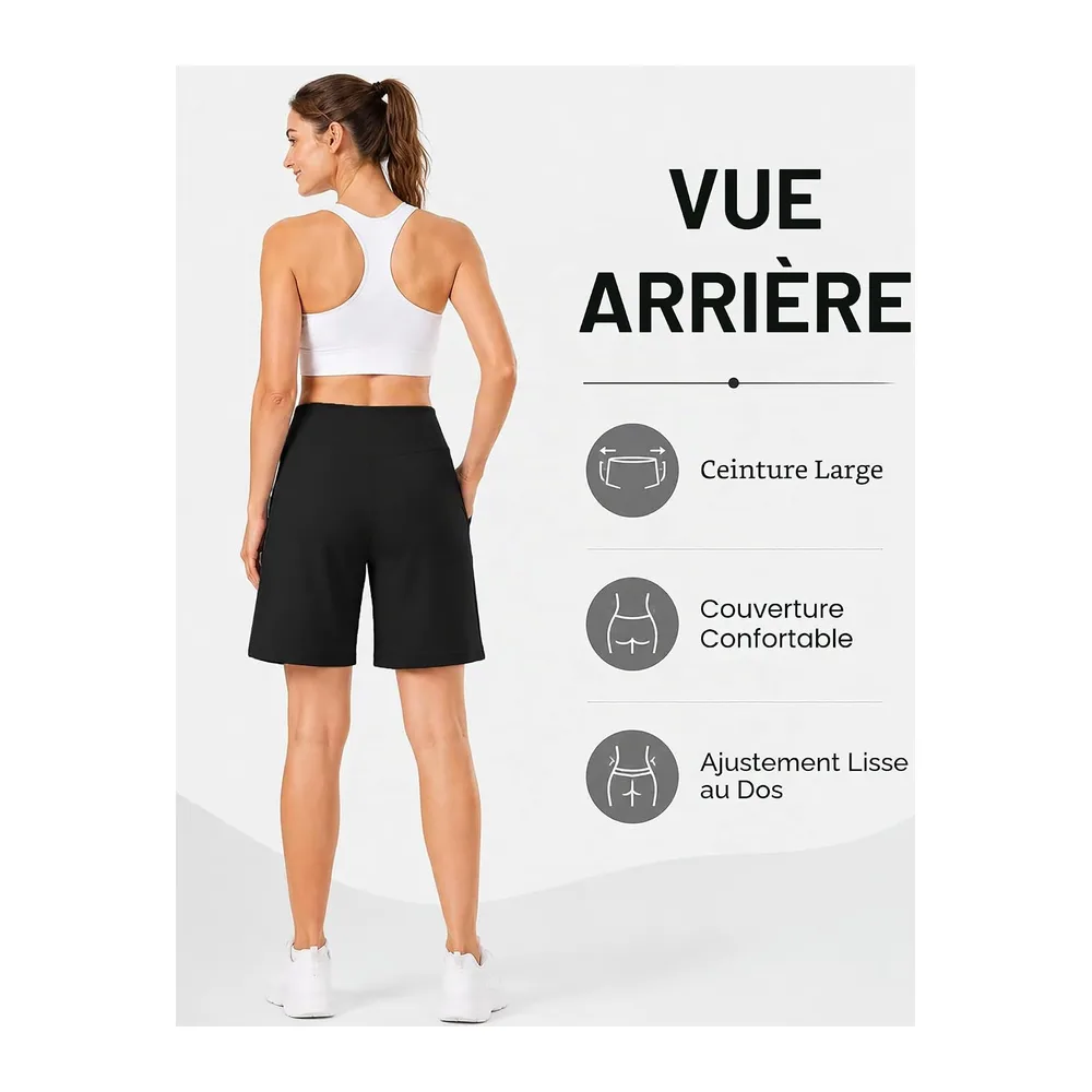 Short Sport Bermuda Taille Haute en V avec Poches Coupe Ample — Noir