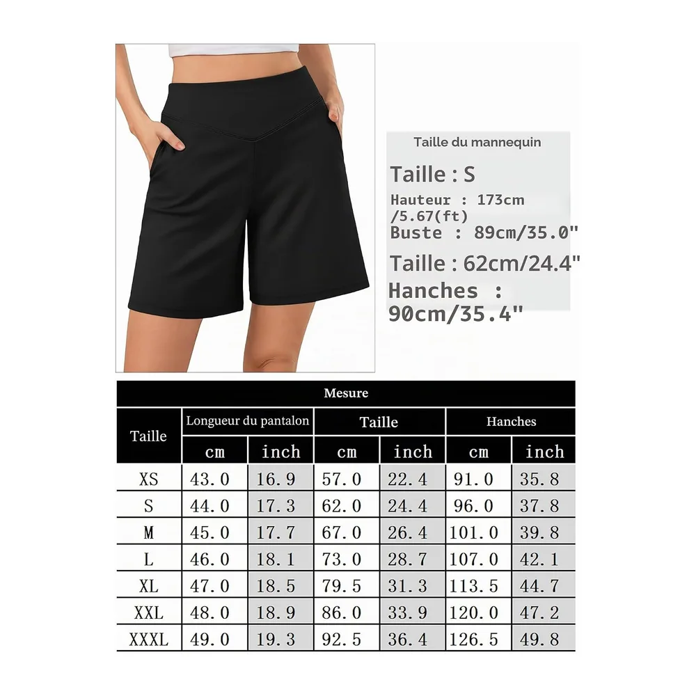 Short Sport Bermuda Taille Haute en V avec Poches Coupe Ample — Noir