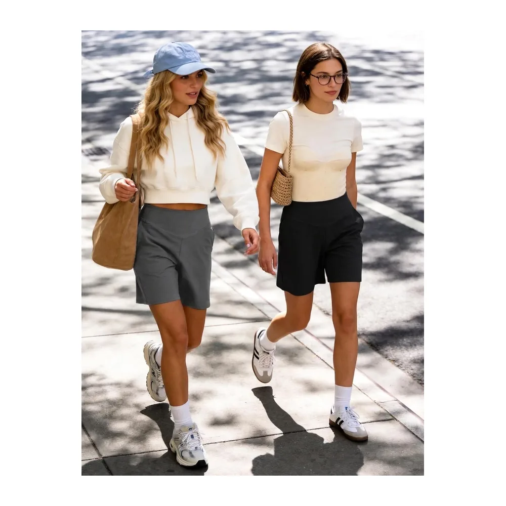 Short Sport Bermuda Taille Haute en V avec Poches Coupe Ample — Noir