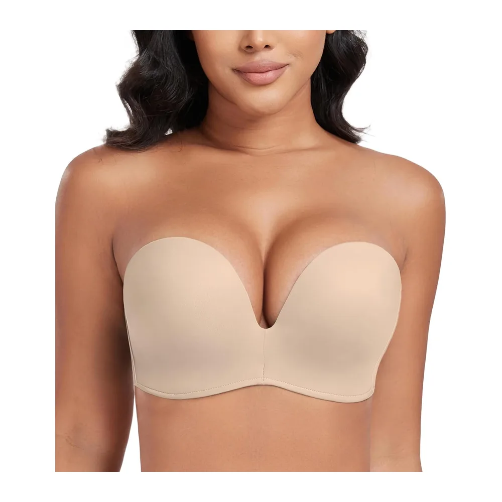 Soutien-Gorge sans Bretelles Push Up Dos Nu rembourré Deep V Convertible — Ailes_beige