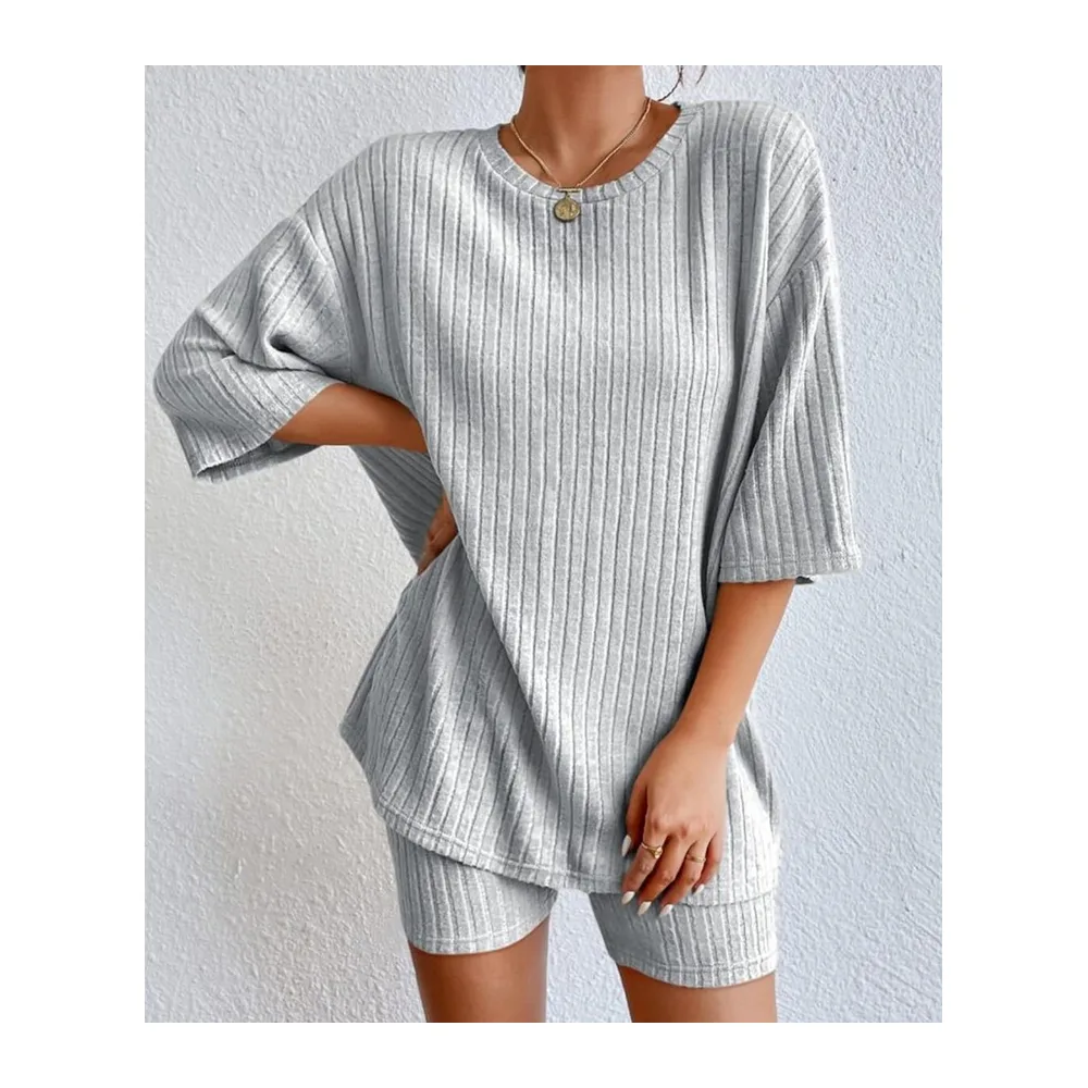 2-Piece Set Trousers and Flowy Top Short Sleeve Top Trousers Set Tracksuit 2-Piece — Gris