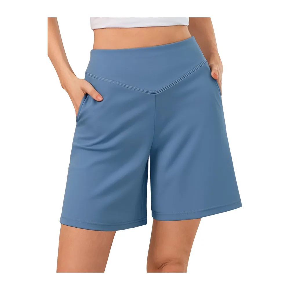 Short Sport Bermuda Taille Haute en V avec Poches Coupe Ample — Bleu Denim