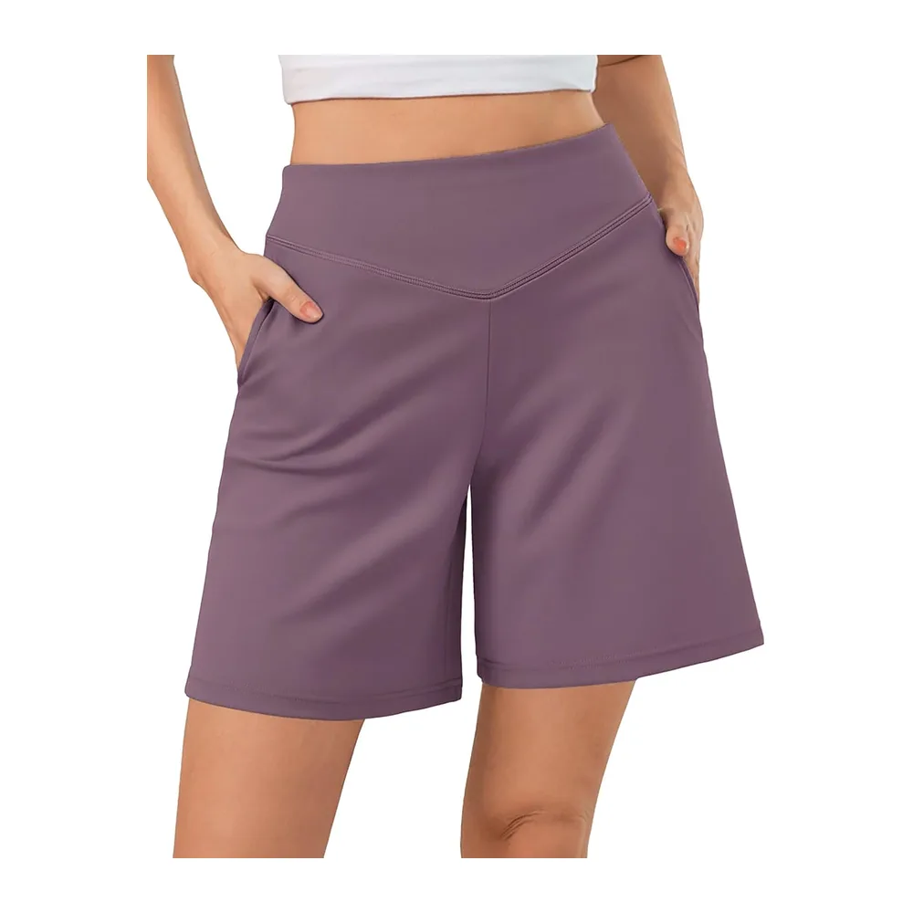 Short Sport Bermuda Taille Haute en V avec Poches Coupe Ample — Rouge Violacé