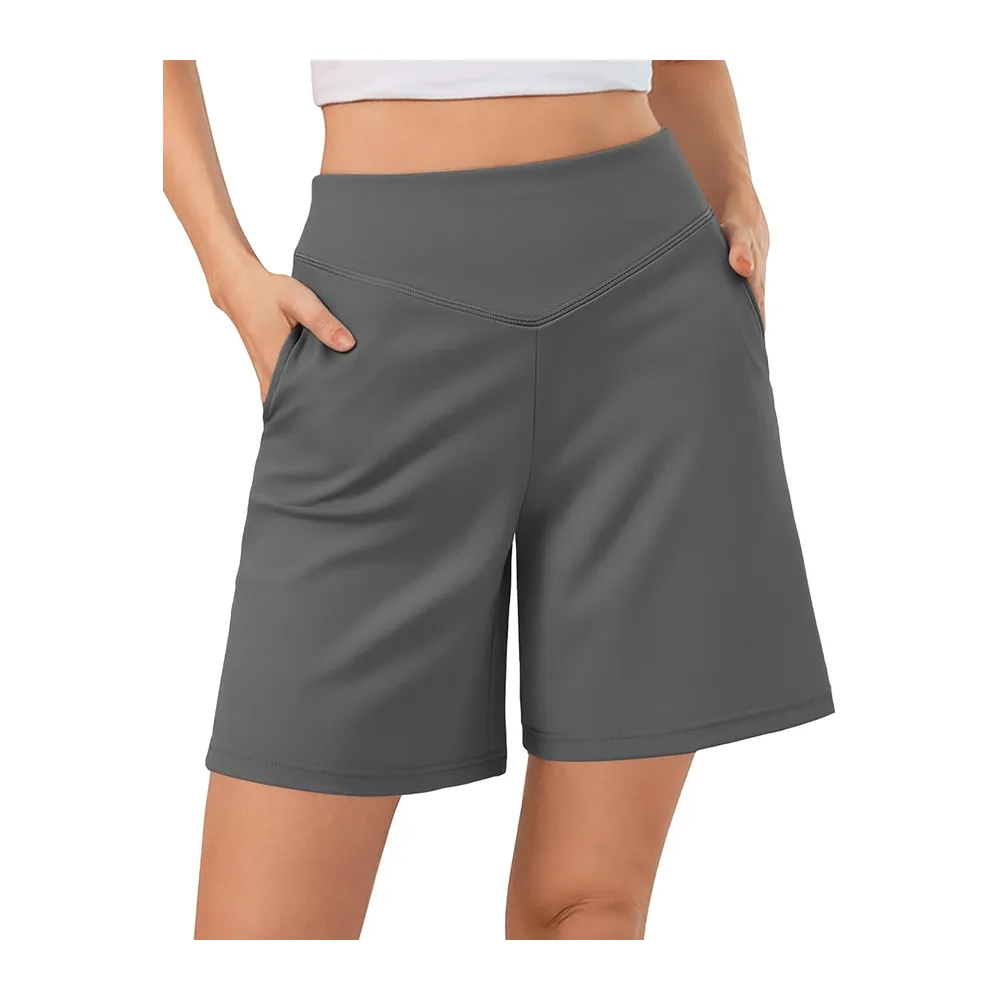 Short Sport Bermuda Taille Haute en V avec Poches Coupe Ample — Gris Foncé