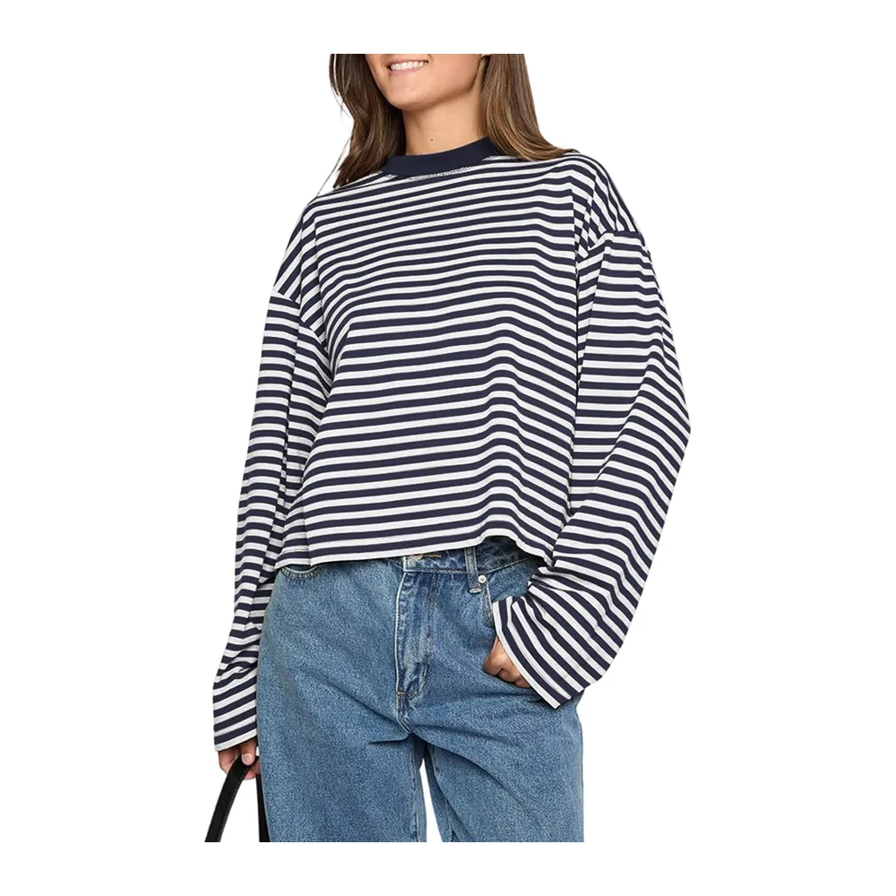 Long Sleeve Striped T-Shirt Crew Neck Sweatshirt Loose Casual Spring Summer — Bleu Marine