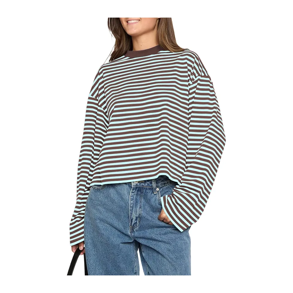Long Sleeve Striped T-Shirt Crew Neck Sweatshirt Loose Casual Spring — Brun Chocolat