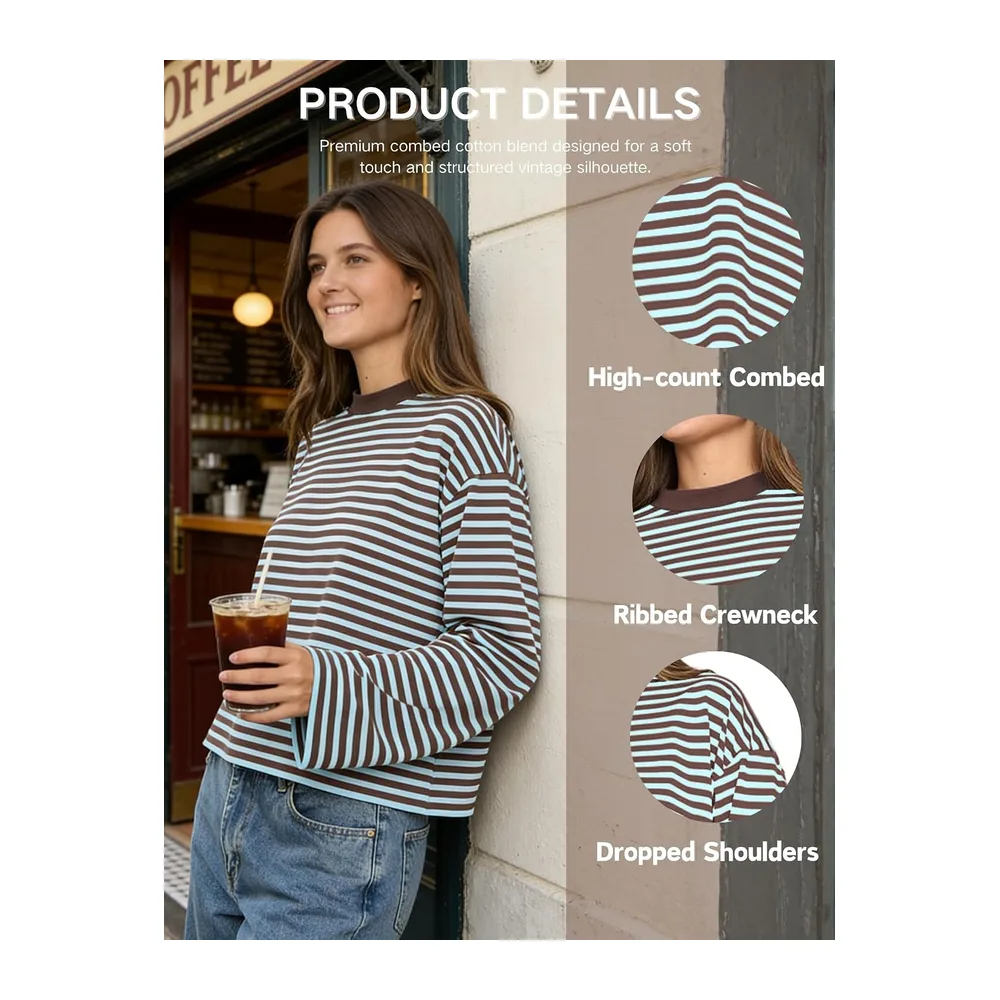 Long Sleeve Striped T-Shirt Crew Neck Sweatshirt Loose Casual Spring — Brun Chocolat